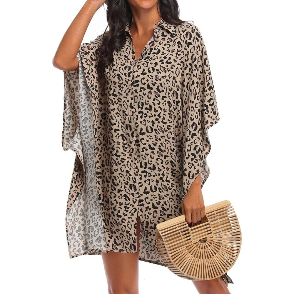 Women leopard Sleeve Beachwear Bikini Button Down Oversized Cover Up Shirt